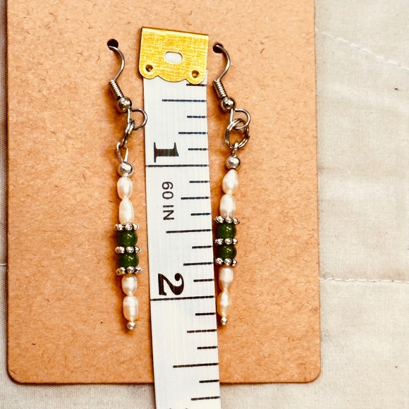 Stainless Steel Dangle Earrings Genuine Freshwater Pearls & Green Jade Hand Made - Picture 12 of 12